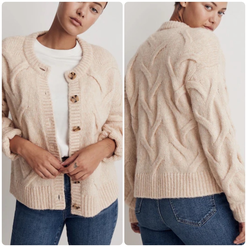 Madewell Cable Ashmont Cardigan Sweater Heather Powder